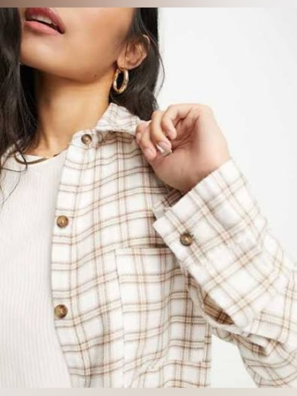 Hollister Boyfriend Fit Plaid Flannel Shacket Cream Beige NWT XS